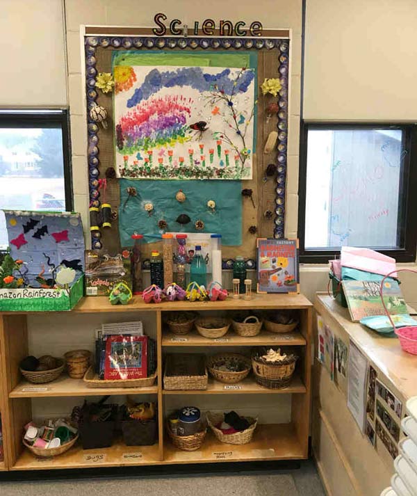 Science shelve with sensory items